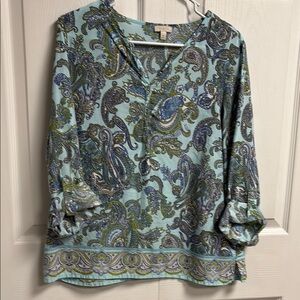 Talbots Blue 3/4 Sleeve Mandarin Collar Blouse